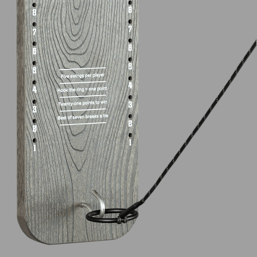 Close up photo of stainless hook and ring on grey outdoor game